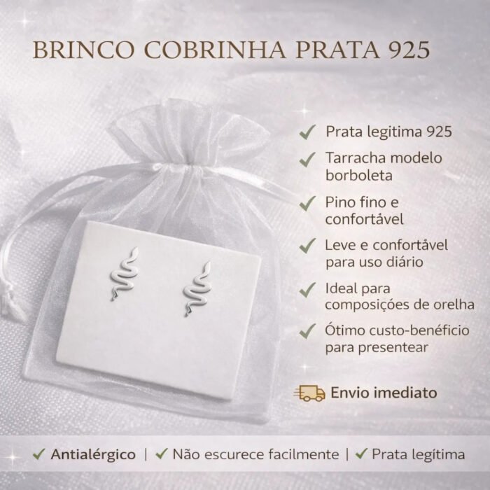 Par Brinco Cobrinha Prata 925 Legitima Delicado Feminino Prateado - Imagem 2