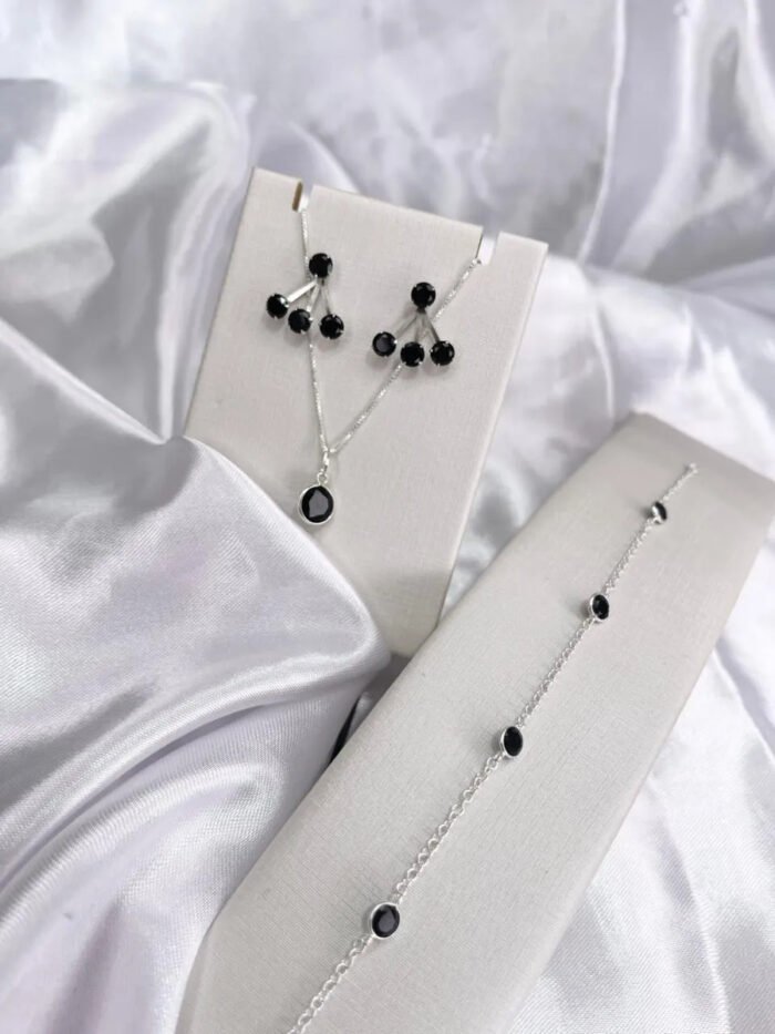 Kit Conjunto Preto Prata 925 Feminino Colar Pulseira Brincos Prateado - Imagem 5