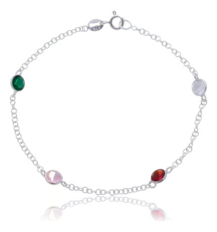 Pulseira Prata 925 Feminina Redonda Zircônia Colorida 18 Cm Prateado 18 Cm
