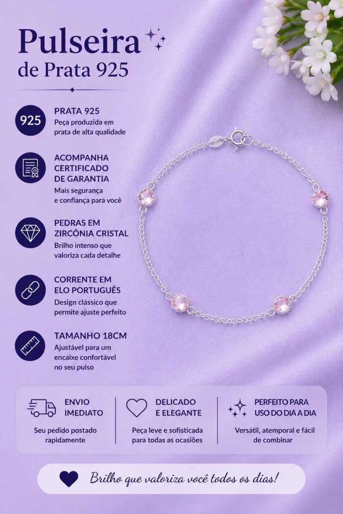 Pulseira Prata 925 Feminina Redonda Zircônia Rosa 18 Cm Prateado 18 Cm - Imagem 2