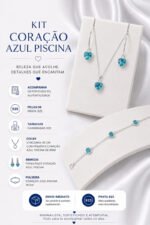 Kit Coração Azul Prata 925 Femi Gargantilha Pulseira Brincos Prateado - Imagem 2