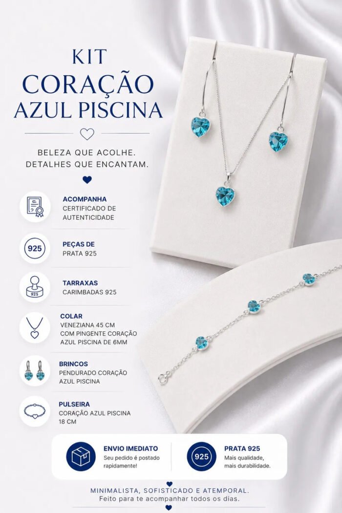 Kit Coração Azul Prata 925 Femi Gargantilha Pulseira Brincos Prateado - Imagem 2