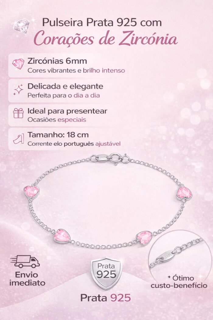 Pulseira Prata 925 Feminina Coração Zirconia Rosa Tam 18cm Prateado 18 Cm - Imagem 2