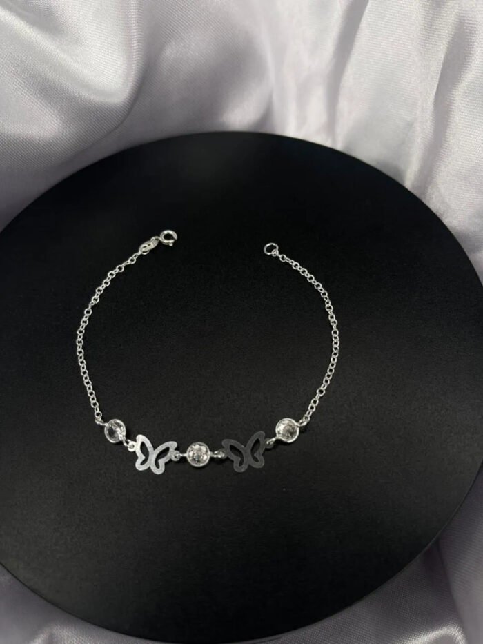Pulseira Prata 925 Feminina Borboletas E Zircônia Cristal Prateado 18 Cm - Imagem 2