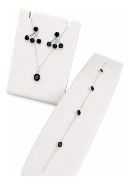 Kit Conjunto Preto Prata 925 Feminino Colar Pulseira Brincos Prateado