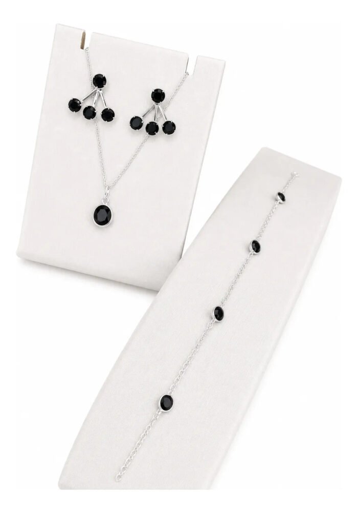 Kit Conjunto Preto Prata 925 Feminino Colar Pulseira Brincos Prateado - Imagem 1