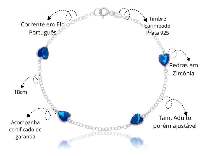 Pulseira Prata 925 Feminina Coração Zircônia Azul Bic 18 Cm Prateado 18 Cm - Imagem 2