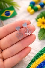 Brinco Brasil Prata 925 Coração Pendurado Delicado Copa Prateado - Imagem 7