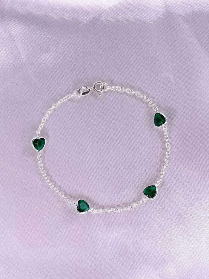 Pulseira Prata 925 Feminina Coração Zircônia Esmeralda 18 Cm Prateado 18 Cm - Imagem 5