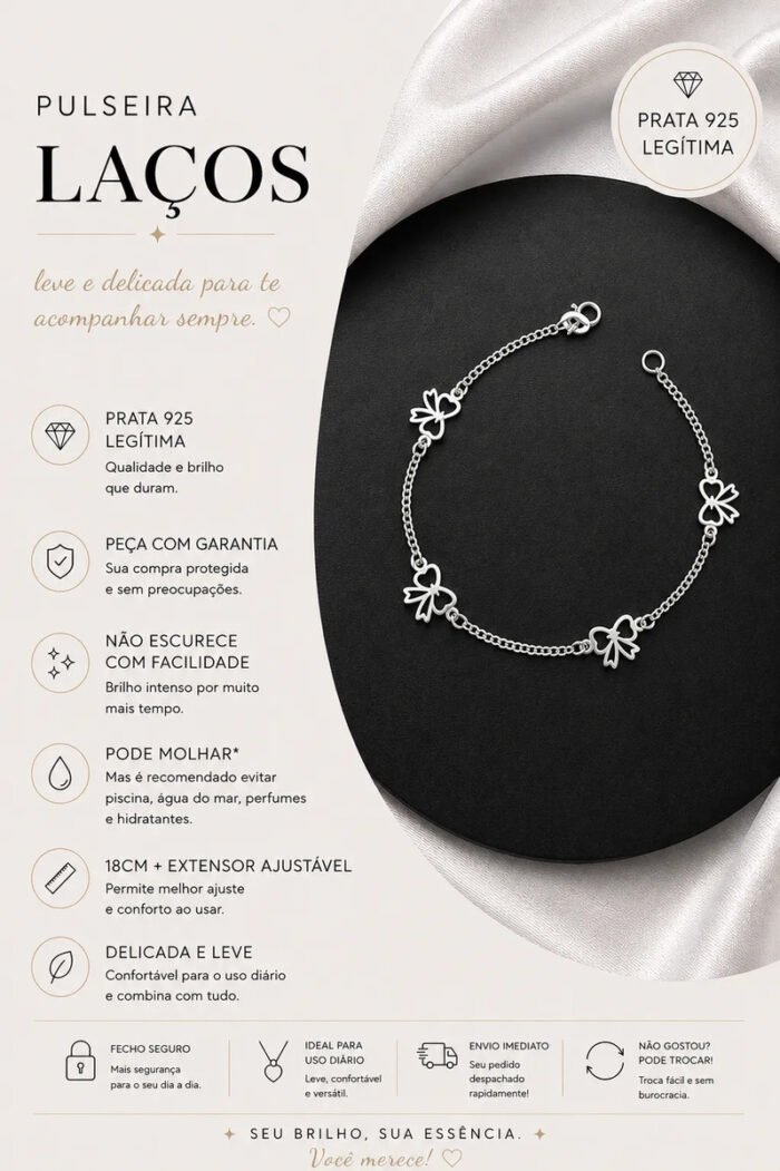 Pulseira Laços Prata 925 Feminina Delicada Ajustável Prateado 18 Cm - Imagem 2
