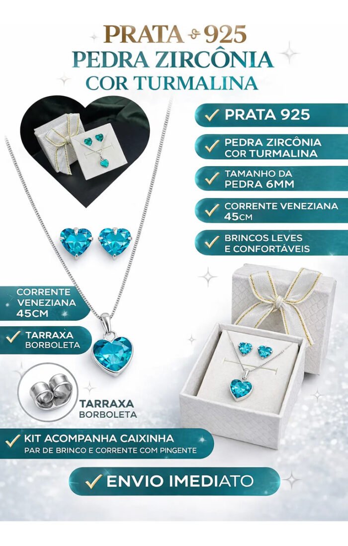 Kit Conjunto Prata 925 Feminino Coração Zircônia Turmalina Prateado - Imagem 2