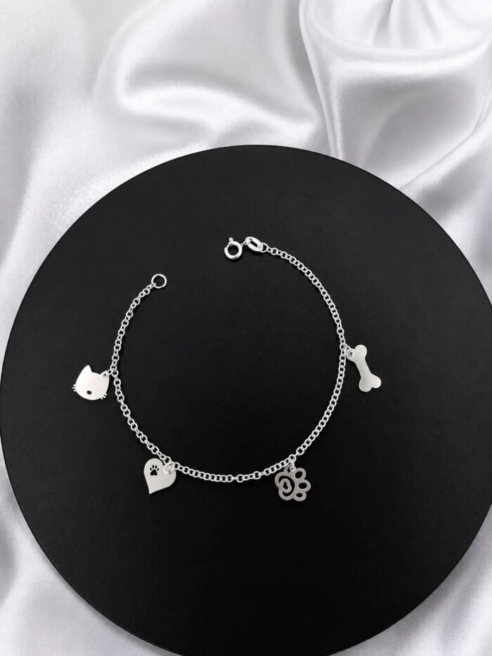 Pulseira Pet Prata 925 Pingentes Cachorro Gato Feminina Fofa Prateado 18 Cm - Imagem 3