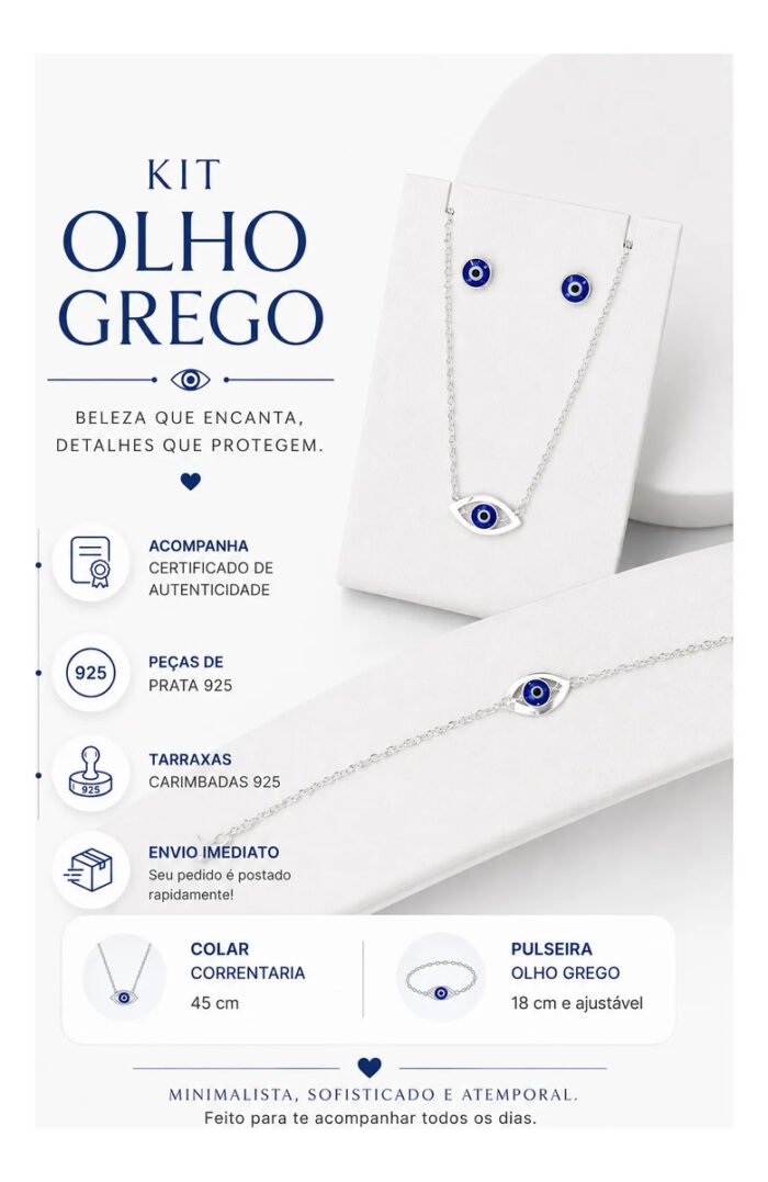 Kit Olho Grego Prata 925 Gargantilha + Pulseira + Brincos Prateado - Imagem 2