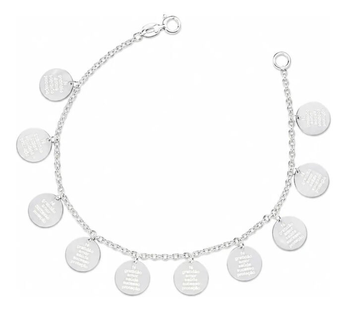 Pulseira Prata 925 Com Medalhas 10 Mandamentos Feminina Prateado 18 Cm - Imagem 1