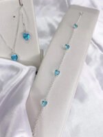 Kit Coração Azul Prata 925 Femi Gargantilha Pulseira Brincos Prateado - Imagem 4