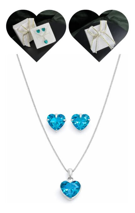 Kit Conjunto Prata 925 Feminino Coração Zircônia Turmalina Prateado