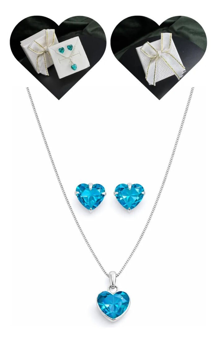 Kit Conjunto Prata 925 Feminino Coração Zircônia Turmalina Prateado - Imagem 1