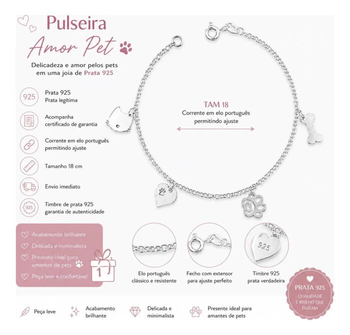 Pulseira Pet Prata 925 Pingentes Cachorro Gato Feminina Fofa Prateado 18 Cm - Imagem 2