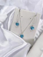 Kit Coração Azul Prata 925 Femi Gargantilha Pulseira Brincos Prateado - Imagem 3