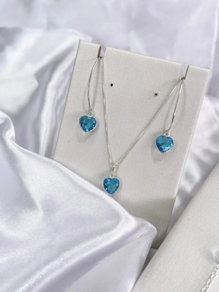 Kit Coração Azul Prata 925 Femi Gargantilha Pulseira Brincos Prateado - Imagem 3