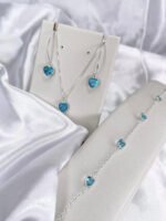 Kit Coração Azul Prata 925 Femi Gargantilha Pulseira Brincos Prateado - Imagem 5