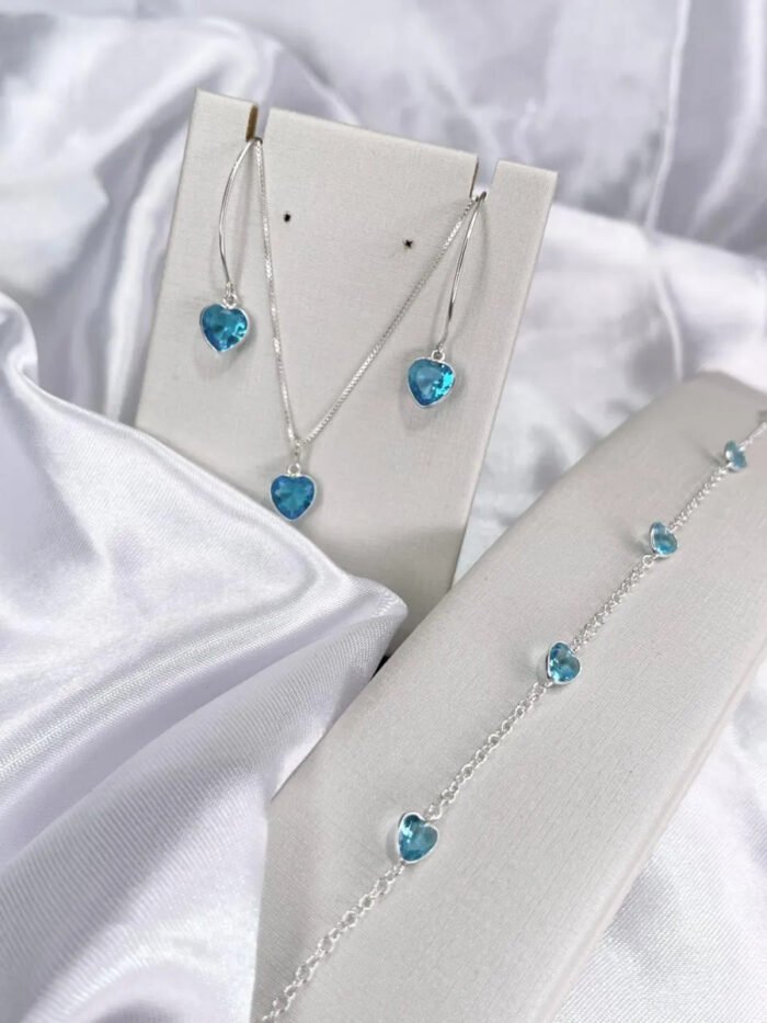 Kit Coração Azul Prata 925 Femi Gargantilha Pulseira Brincos Prateado - Imagem 5