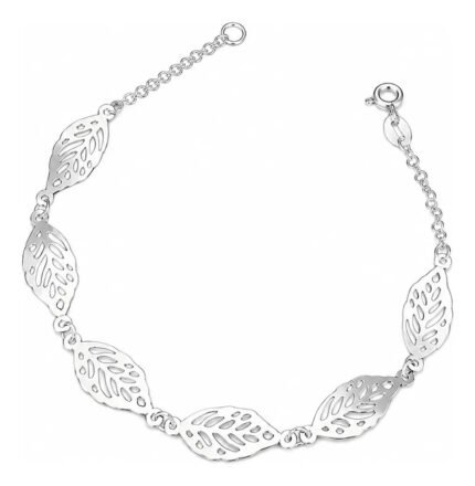 Pulseira Folhas Prata 925 Feminina Ajustavel Prateado 18 Cm