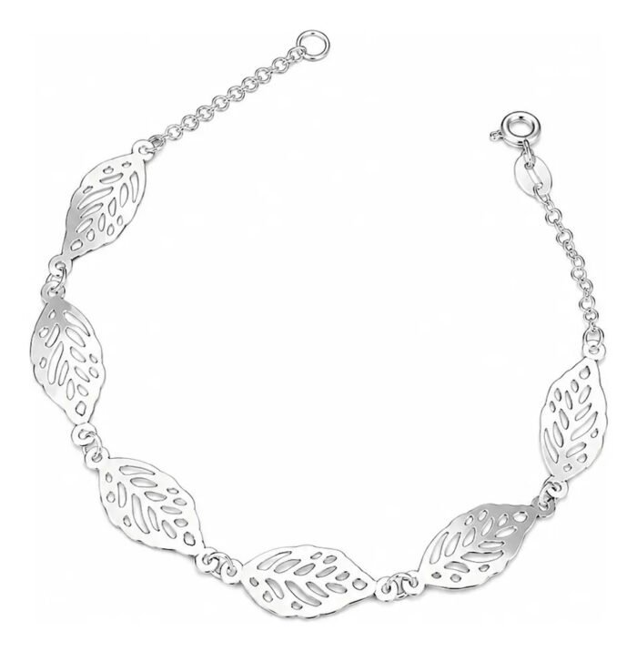 31e82a5797271e41ca9c5167323c7675.jpg Pulseira Folhas Prata 925 Feminina Ajustavel Prateado 18 Cm - Imagem 1