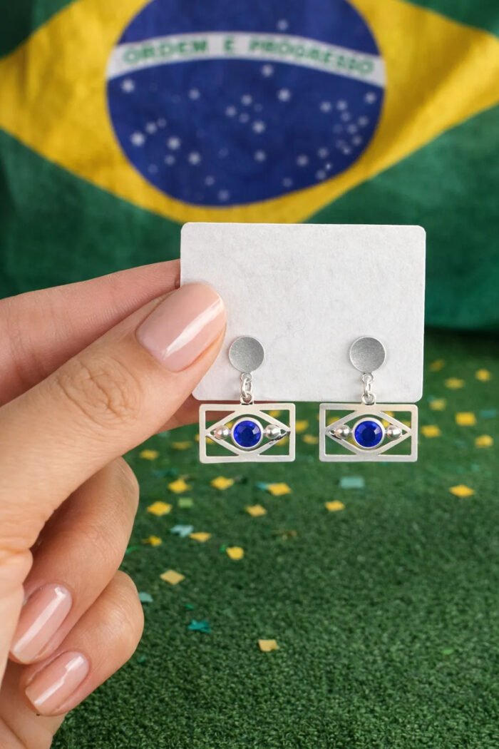 Brinco Brasil Prata 925 Legitima Pendurada Bandeira Brasil Prateado - Imagem 5
