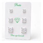 Kit Trio Brinco Quadrado Prata 925 Zircônia Ponto De Luz Prateado