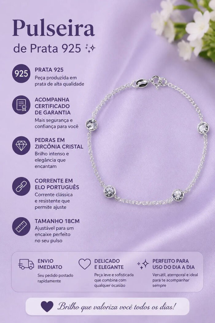 Pulseira Prata 925 Feminina Redonda Zircônia Cristal 18 Cm Prateado 18 Cm - Imagem 2