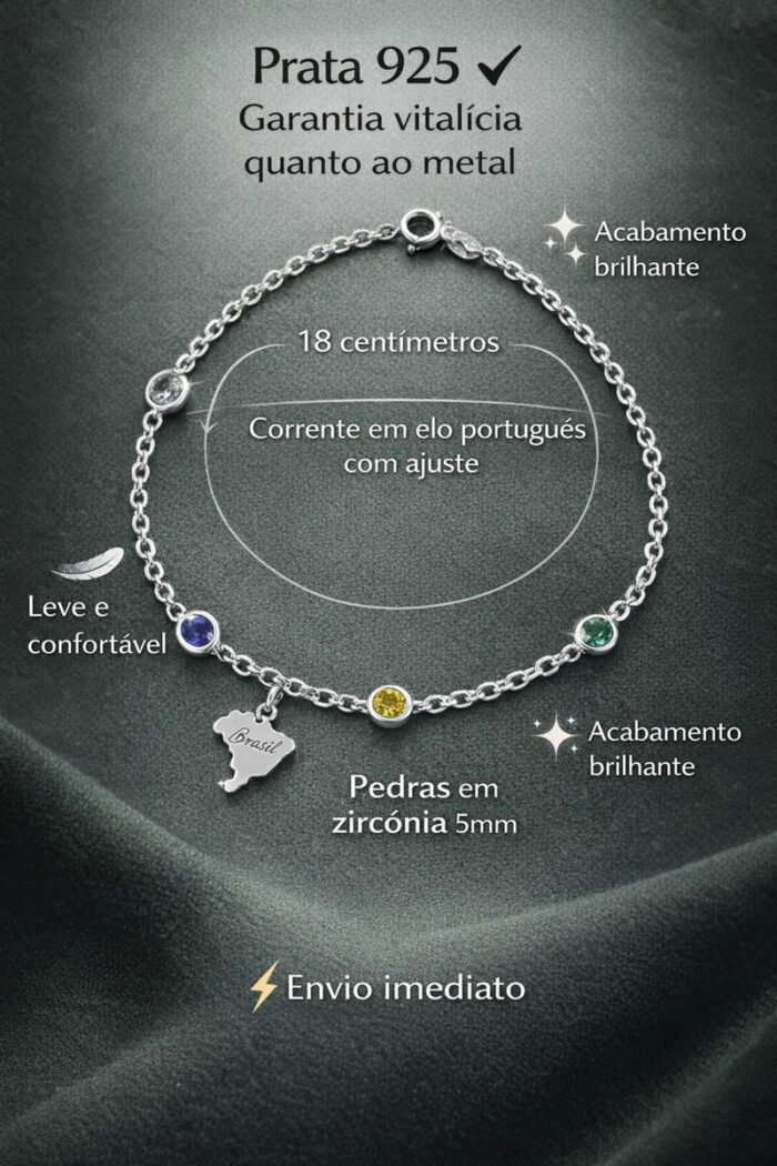 Pulseira Brasil Prata 925 Copa Do Mundo Feminina Delicada 18 Prateado 18 Cm - Imagem 2