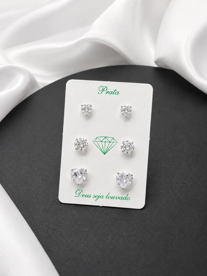 Kit Trio Brinco Coração Prata 925 Zircônia Ponto De Luz Prateado - Imagem 4