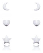 Kit Trio De Brincos Prata 925 Lua Estrela E Coração Prateado