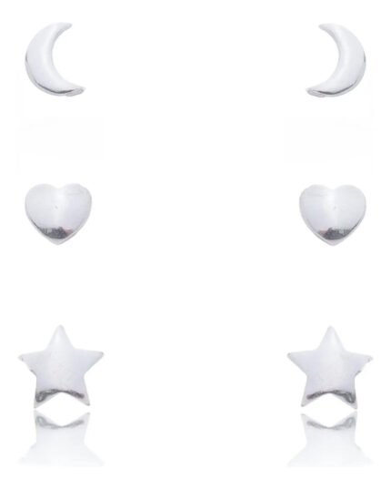 Kit Trio De Brincos Prata 925 Lua Estrela E Coração Prateado