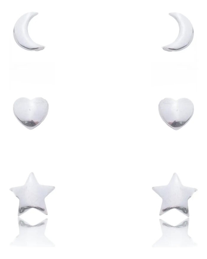 3e5590f2a95f3dbe9509dded9452b4cd.jpg Kit Trio De Brincos Prata 925 Lua Estrela E Coração Prateado - Imagem 1