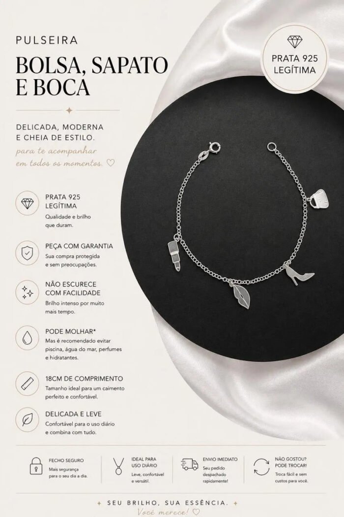 Pulseira Feminina Salto Batom Bolsa Prata 925 Luxo Prateado 18 Cm - Imagem 2