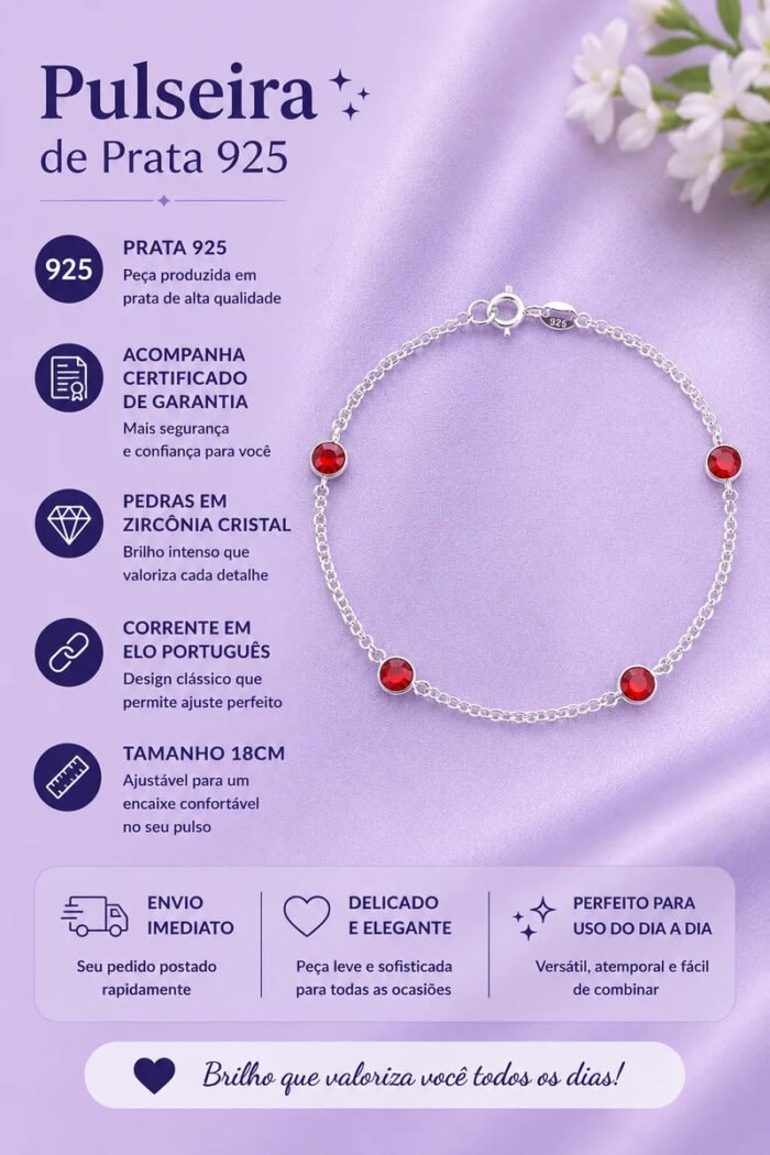 Pulseira Prata 925 Feminina Redonda Zircônia Vermelha 18 Cm Prateado 18 Cm - Imagem 2