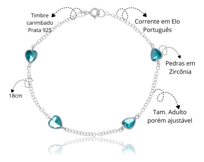 Pulseira Prata 925 Feminina Coração Zircônia Turmalina 18 Cm Prateado 19 Cm 18 Cm - Imagem 2
