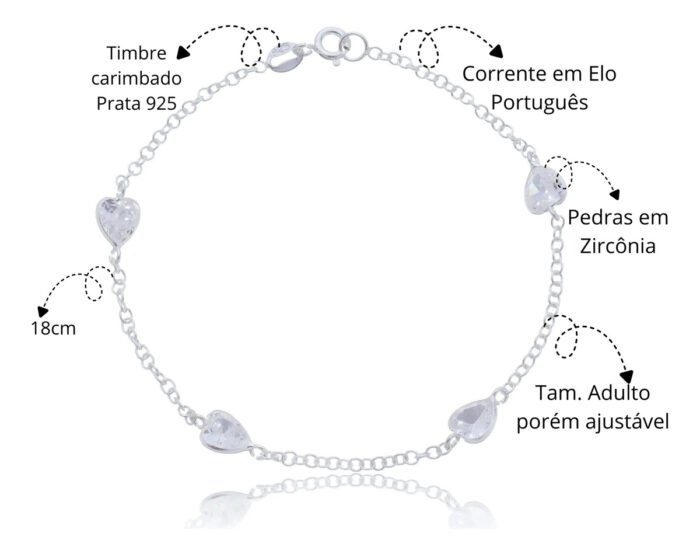 Pulseira Prata 925 Feminina Coração Zircônia Cristal 18 Cm Prateado 19 Cm 18 Cm - Imagem 2