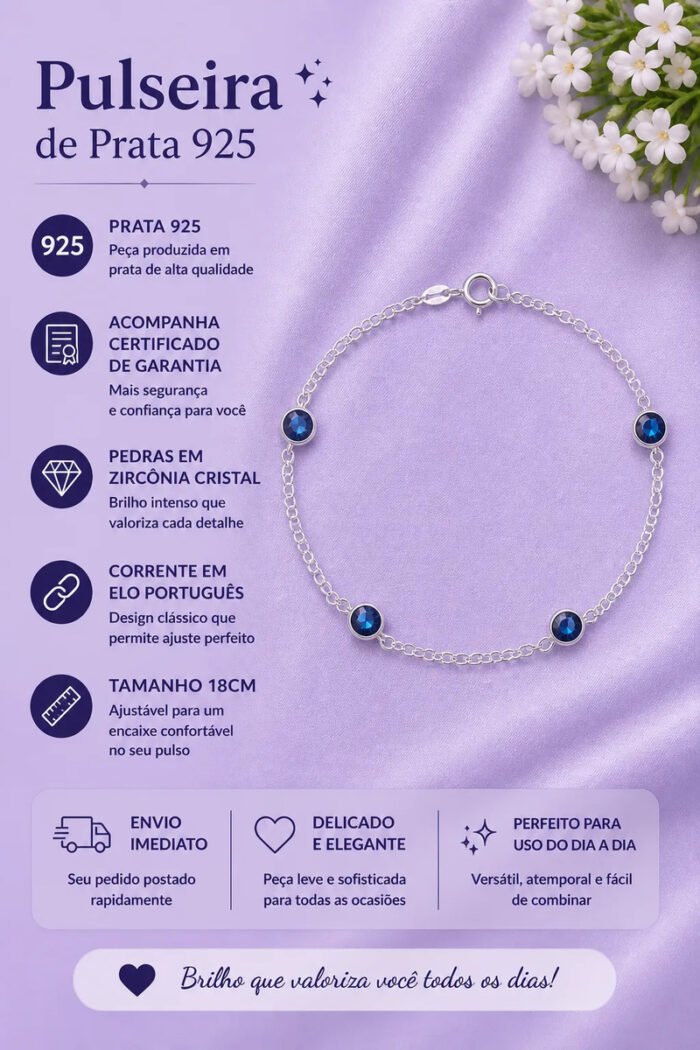 Pulseira Prata 925 Feminina Redonda Zircônia Azul Escur18 Cm Prateado 18 Cm - Imagem 2