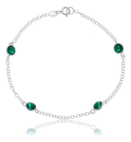Pulseira Prata 925 Feminina Redonda Zircônia Verde 18 Cm Prateado 18 Cm