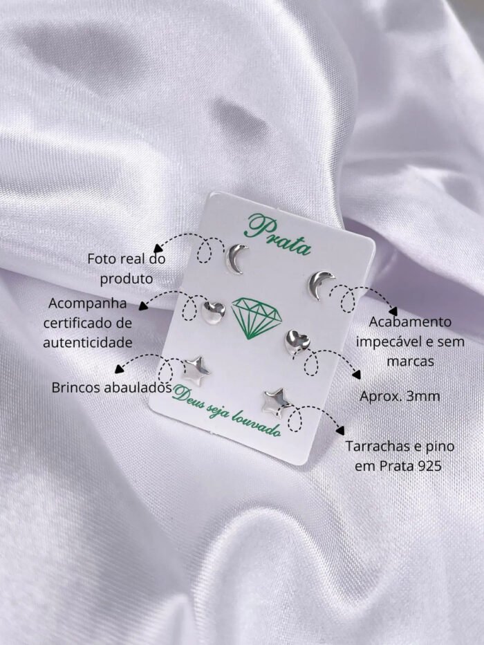 Kit Trio De Brincos Prata 925 Lua Estrela E Coração Prateado - Imagem 2
