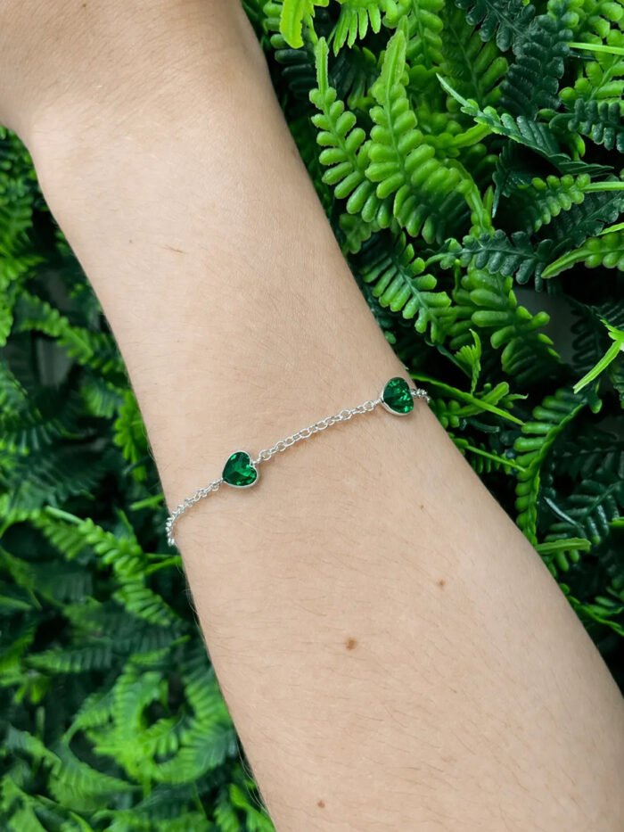 Pulseira Prata 925 Feminina Coração Zircônia Esmeralda 18 Cm Prateado 18 Cm - Imagem 3