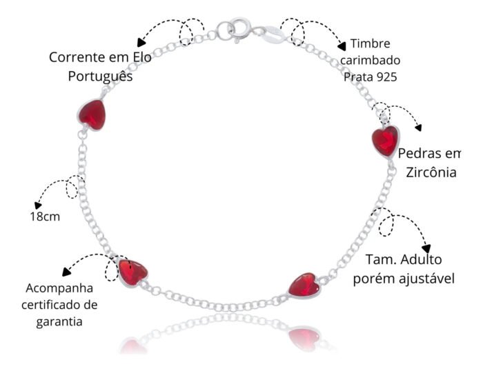 Pulseira Prata 925 Feminina Coração Zircônia Vermelho 18 Cm Prateado 19 Cm 18 Cm - Imagem 2