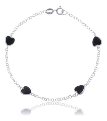Pulseira Prata 925 Feminina Coração Zircônia Preta 18 Cm Prateado 18 Cm