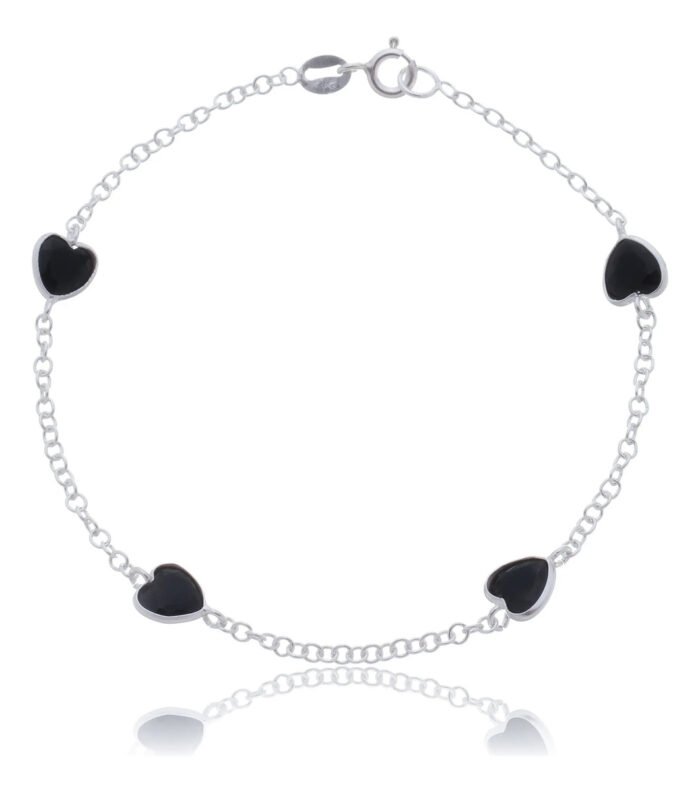 Pulseira Prata 925 Feminina Coração Zircônia Preta 18 Cm Prateado 18 Cm - Imagem 1