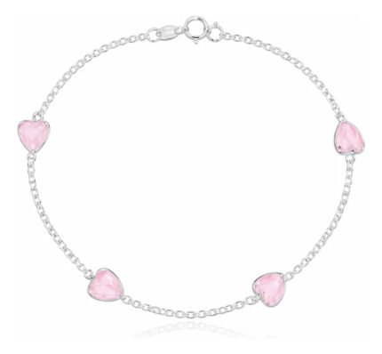 Pulseira Prata 925 Feminina Coração Zirconia Rosa Tam 18cm Prateado 18 Cm