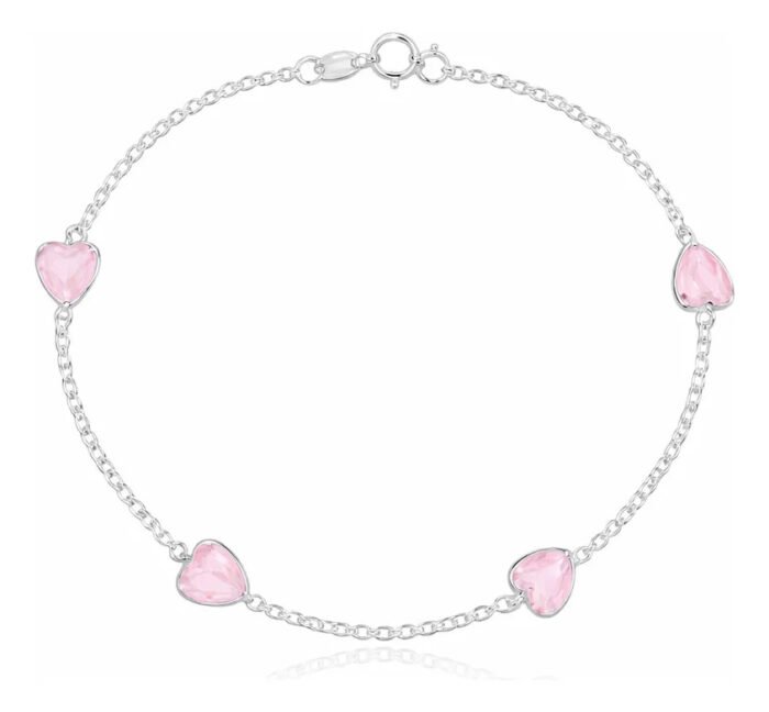 Pulseira Prata 925 Feminina Coração Zirconia Rosa Tam 18cm Prateado 18 Cm - Imagem 1