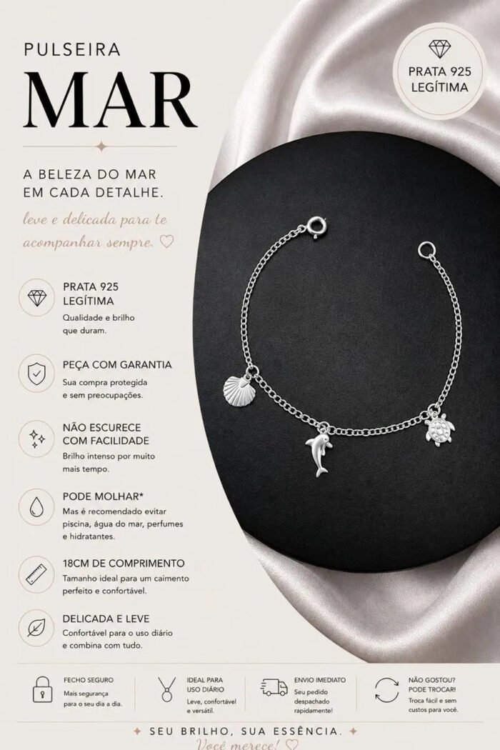 Pulseira Verão Mar Praia Prata 925 Feminina Ajustavel Prateado 18 Cm - Imagem 2